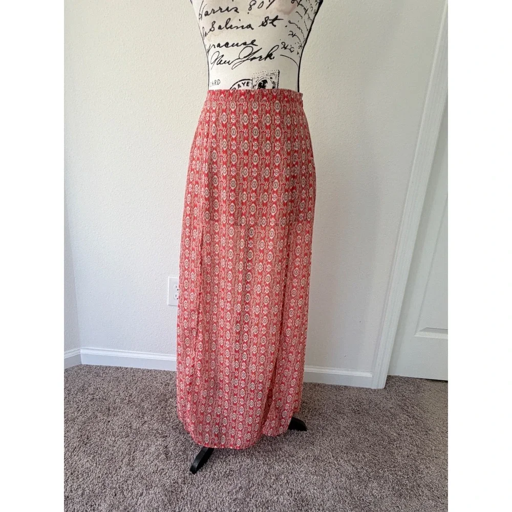 Skies Are Blue Red Boho Ikat Print Maxi‎ Skirt with High Slit Small 50489